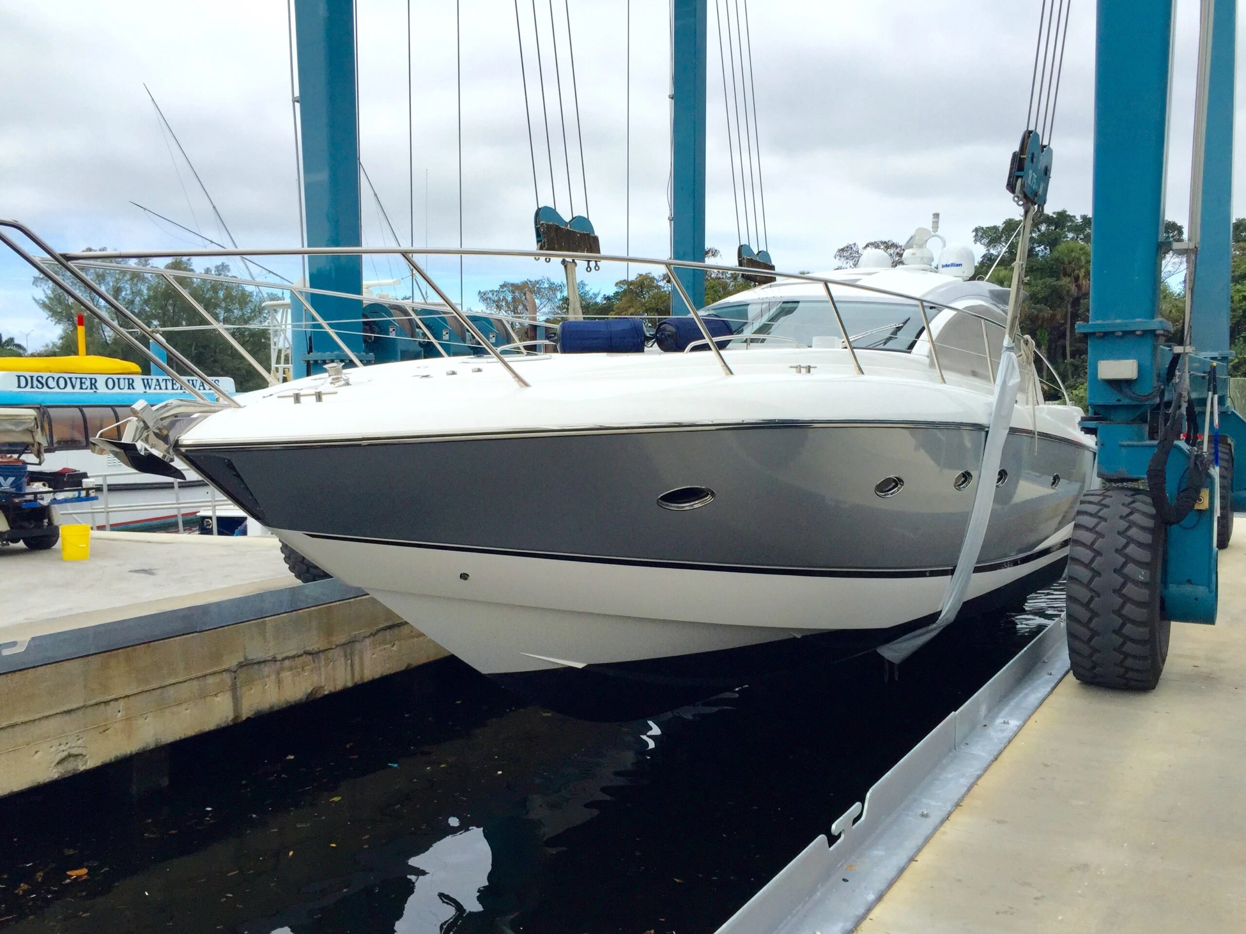 A yacht docked in Fort Lauderdale, FL, for detailing.